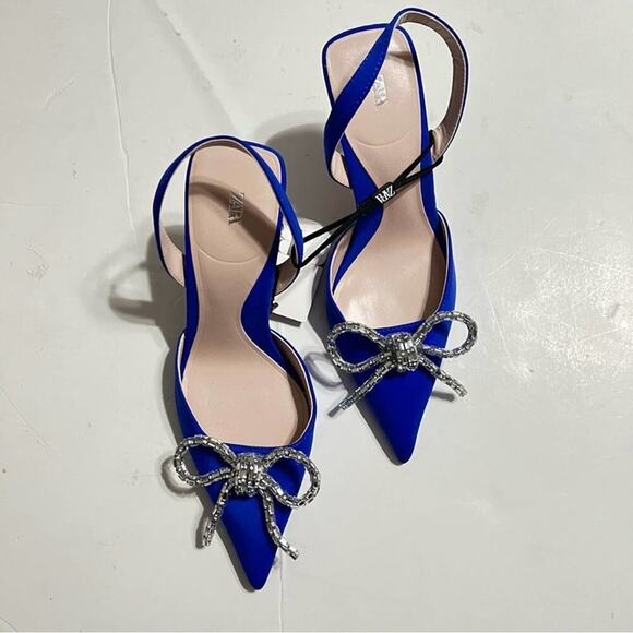Zara Blue EMBELLISHED BOW HEELED SLINGBACKS - Picture 8 of 15